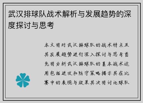武汉排球队战术解析与发展趋势的深度探讨与思考
